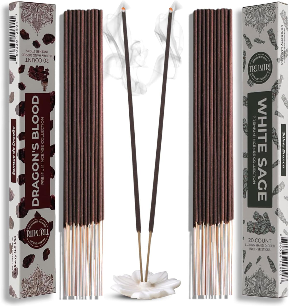 Trumiri Incense Sticks - Combo Pack of 40 Insence-Sticks - 20 Dragons Blood + 20 White Sage - Insenses - Insents - Incents - Inscense - Incence - Incienso - All Natural Incense Sticks