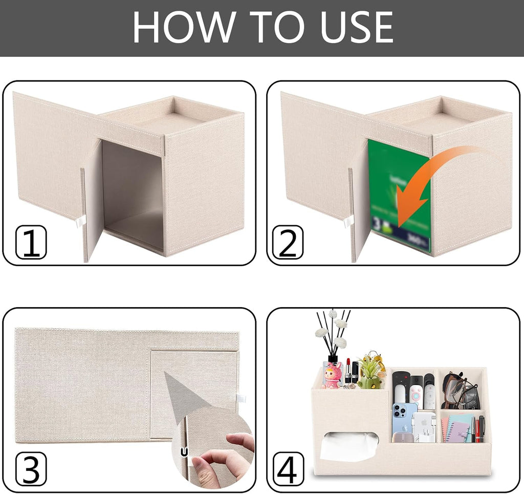 Plus Size Tissue Box Cover-Square Linen Tissue Cover with Side Storage and Tray,Modern Makeup Organizer,Leather Tissue Holder Decorative Cube Organizer for Living Room Vanity NightStand Office,Beige