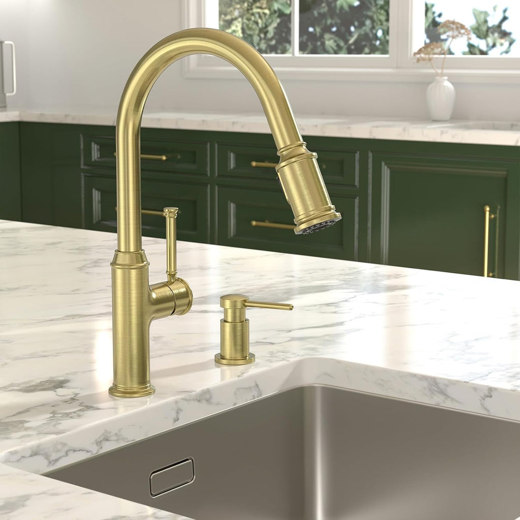 Lava Odoro Gold Soap Dispenser for Kitchen Sink, Modern Brass Built in Countertop Pump Dispenser with 18 Oz Refillable Bottle, Kitchen Soap and Lotion Dispenser Spot-Free, Brushed Gold, KSD-21