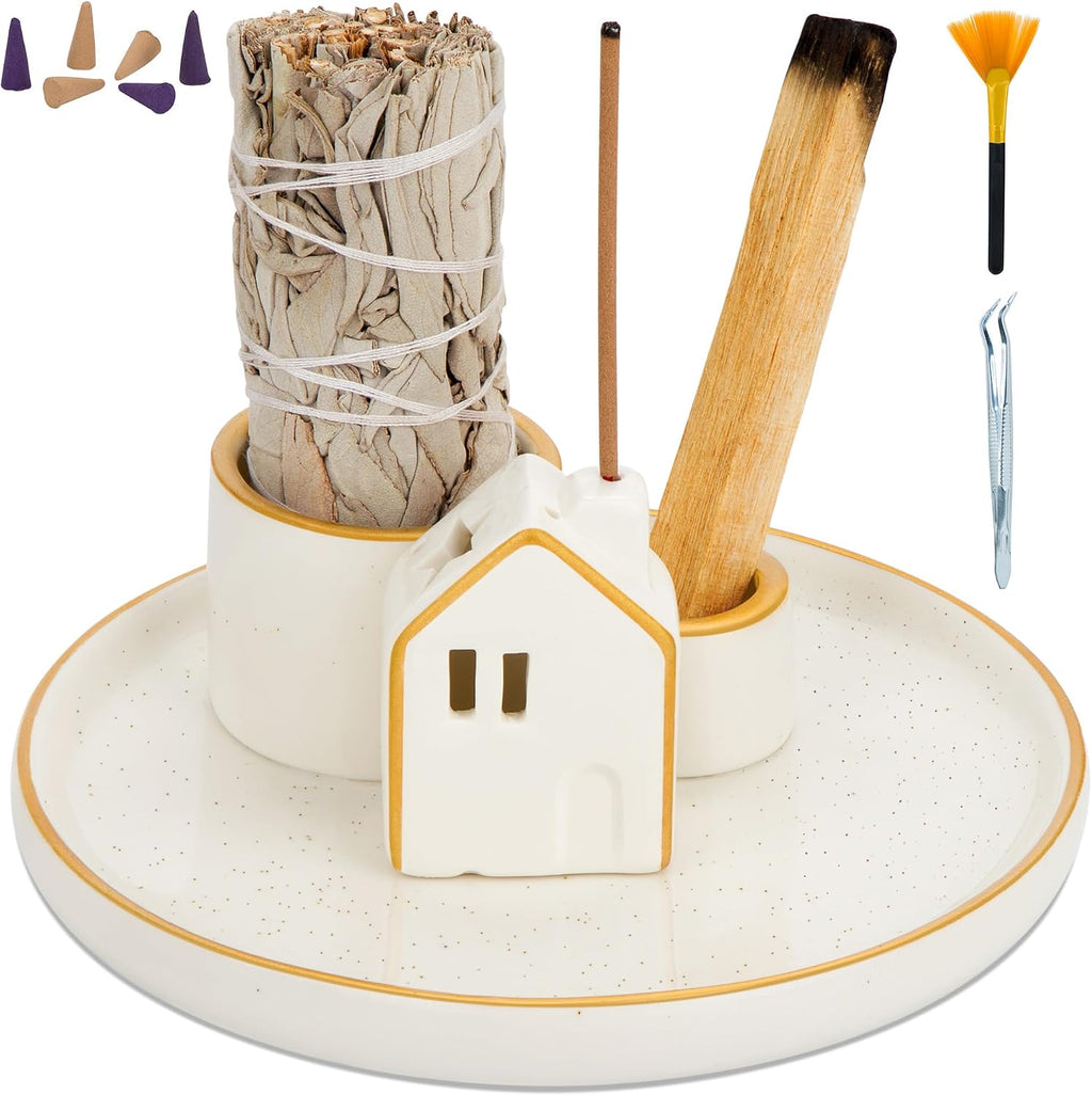 ZenBless 5 in 1 Incense Holder Burner for Palo Santo, Sage, Incense Sticks/Cones and Candle - Ceramic Incense Cone Smudge Tray,Aromatherapy Home Decoration