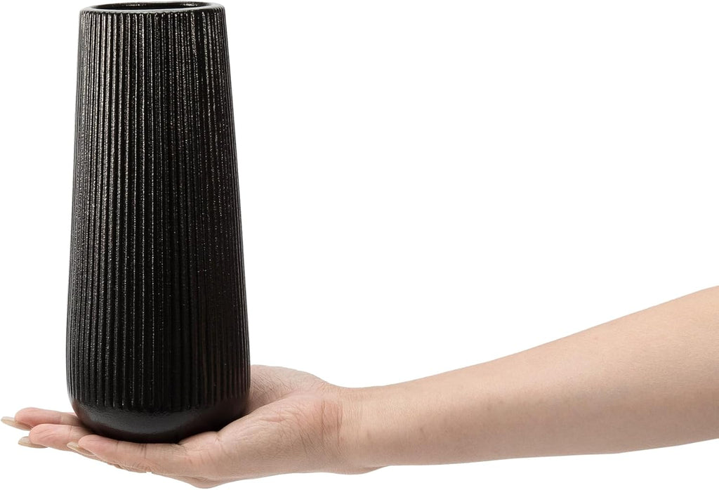 7.8''H Ceramic Vase, Pampas Grass Vase, Ribbed Modern Decor, Matte Black