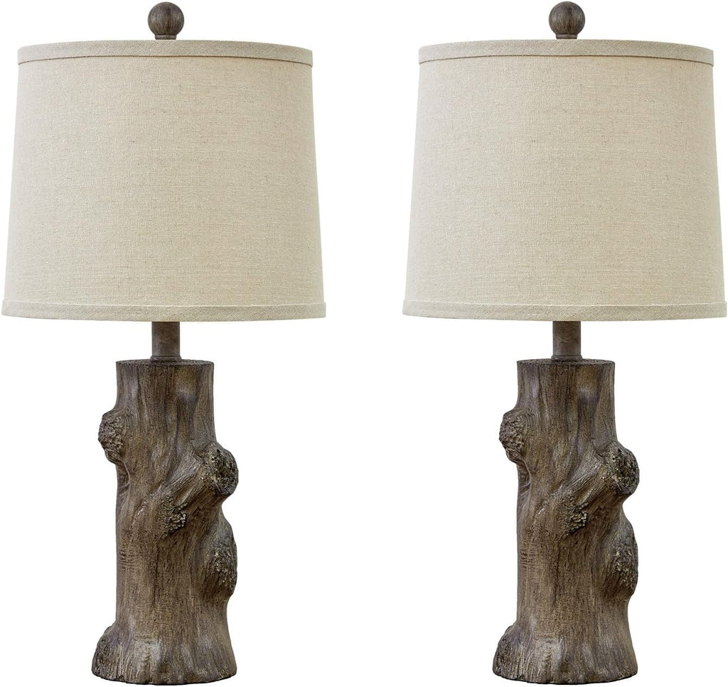 OYEARS 23"Resin Table Lamps for Living Room Set of 2 Country Cottage Farmhouse Lamp for Bedroom Tree Trunk Wood Grain with Oatmeal Fabric Round Shade Vintage Rustic Traditional Nightstand Bedside Lamp