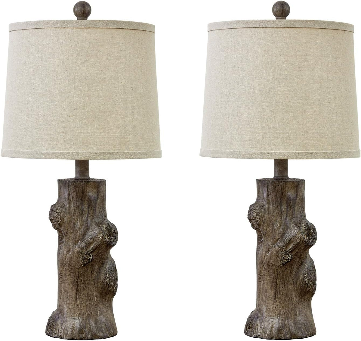 OYEARS 23"Resin Table Lamps for Living Room Set of 2 Country Cottage Farmhouse Lamp for Bedroom Tree Trunk Wood Grain with Oatmeal Fabric Round Shade Vintage Rustic Traditional Nightstand Bedside Lamp