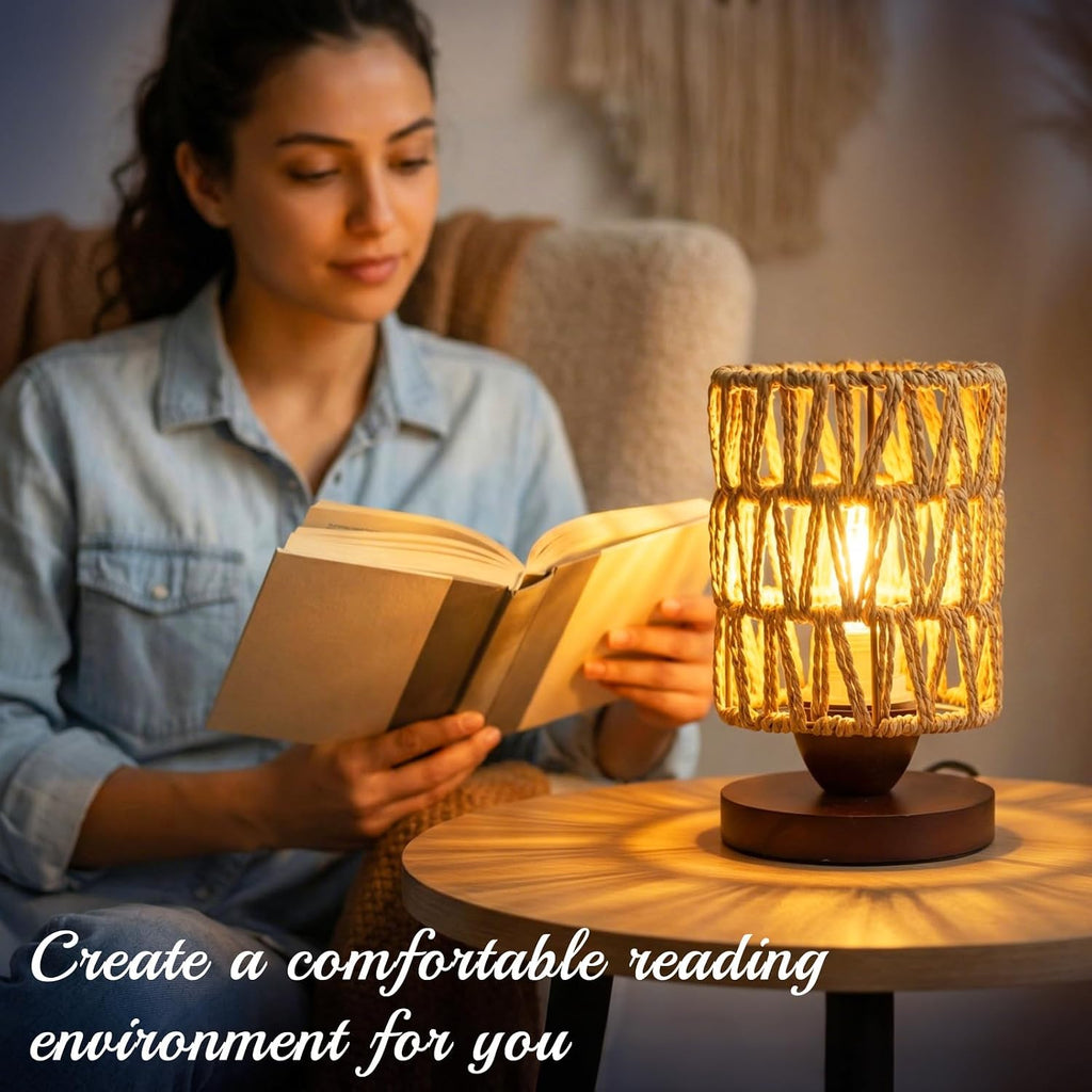 Boho Rattan Table Lamp,Dimmable Bamboo Small Bedside Lamp for Bedroom Decor