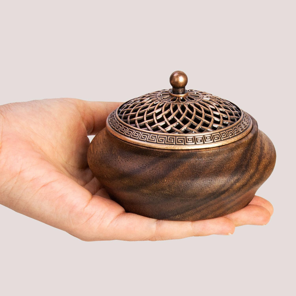 2 Pack Incense Cone Holder, Retro Wooden Cone Incense Burner Holder with Brass Cover, Vintage Bakhoor Burner for Sticks Coil, Frankincense Room Home Decor Yoga Spa Meditation (P)