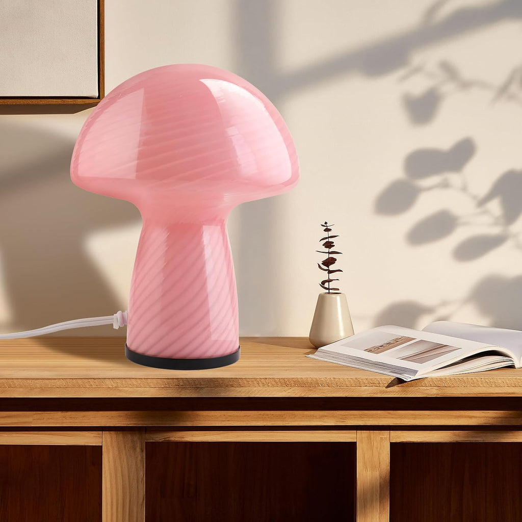 NOTOC Mushroom lamp,Dimmable Glass Table Lamp,Vintage Style Table Lamp,Stripe Pink Bedside Desk lamp,Cute Table Lamps.（LED Bulbs Included）
