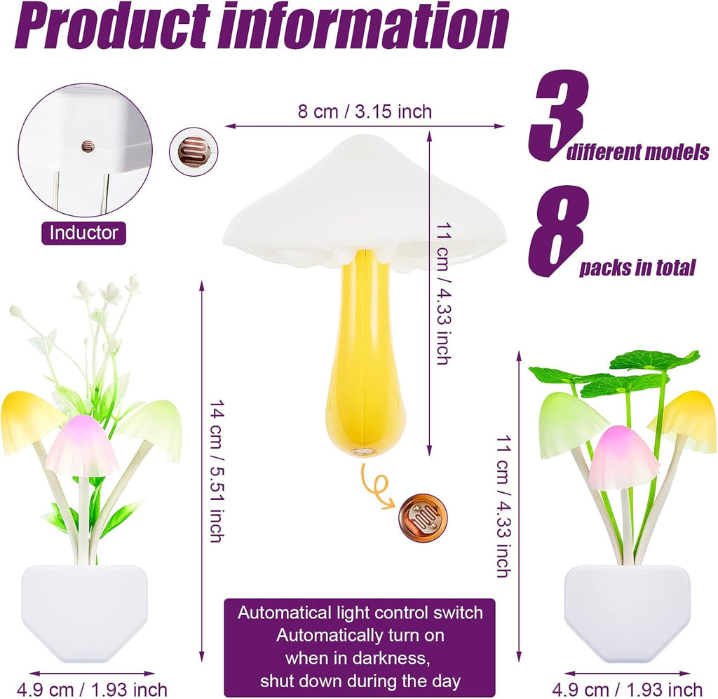 Riakrum 8 Pcs Mushroom Night Lights Plug into Wall, 7 Color LED Sensor