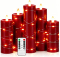 Da by 5 Pack Red Real Wax Flameless Taper Candles, Lifelike Flickering LED Candles with Copper String Lights, Battery Operated Candles with Remote for Holiday Wedding Home Decor