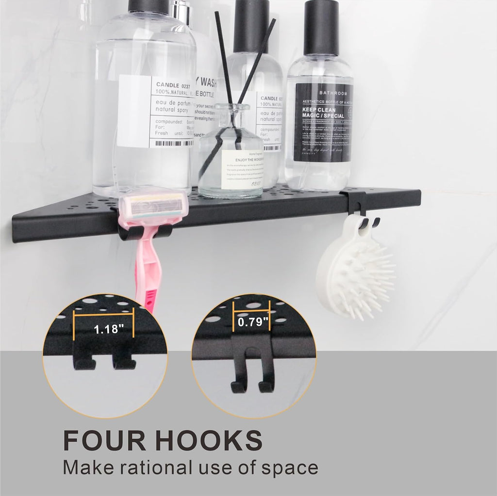 WELLUP Shower Shelf with 4 Hooks,10" Matte Black Corner Shower Shelf 2 Pack
