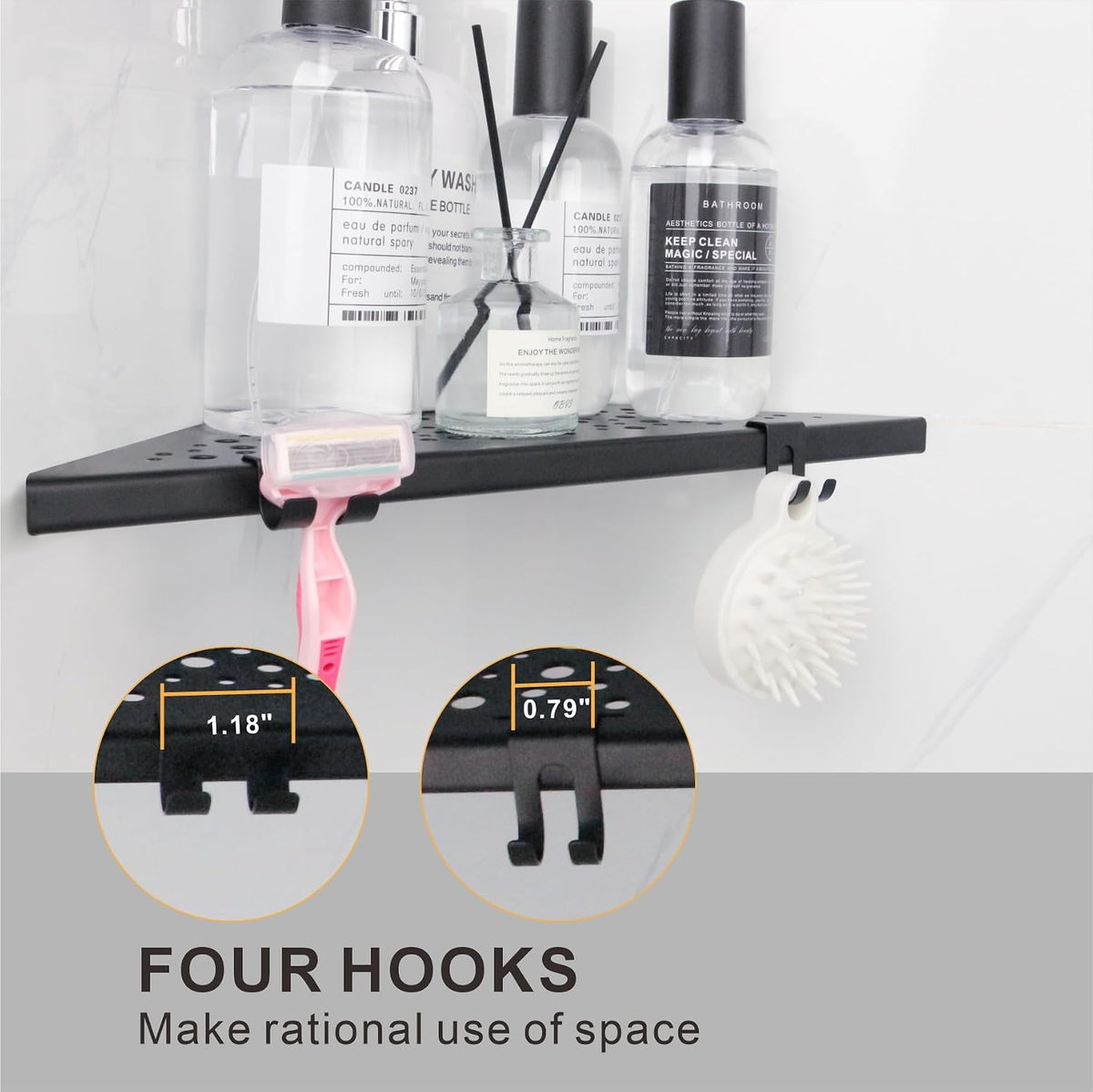 WELLUP Shower Shelf with 4 Hooks,10" Matte Black Corner Shower Shelf 2 Pack