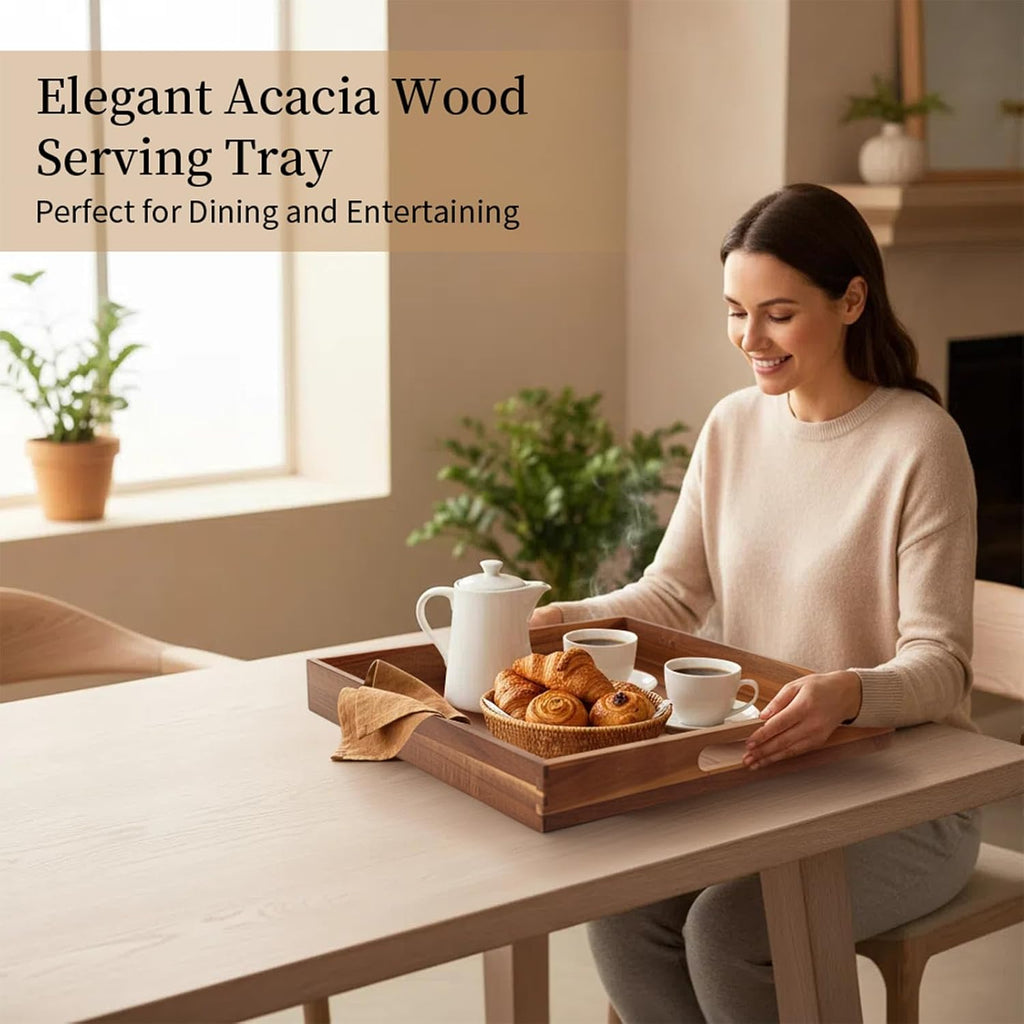 Serving Tray with Handles, 20 Inch Large Square Ottoman Tray Acacia Wood Decorative Tray for Living Room, Ottoman Coffee Table, Kitchen, Appetizers, Breakfast, Patio, Party