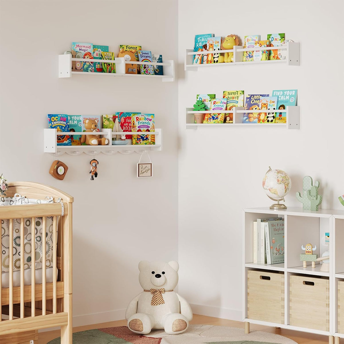 34Inch Nursery Floating bookshelf Coat Rack with 6 Hooks, Set of 4 White