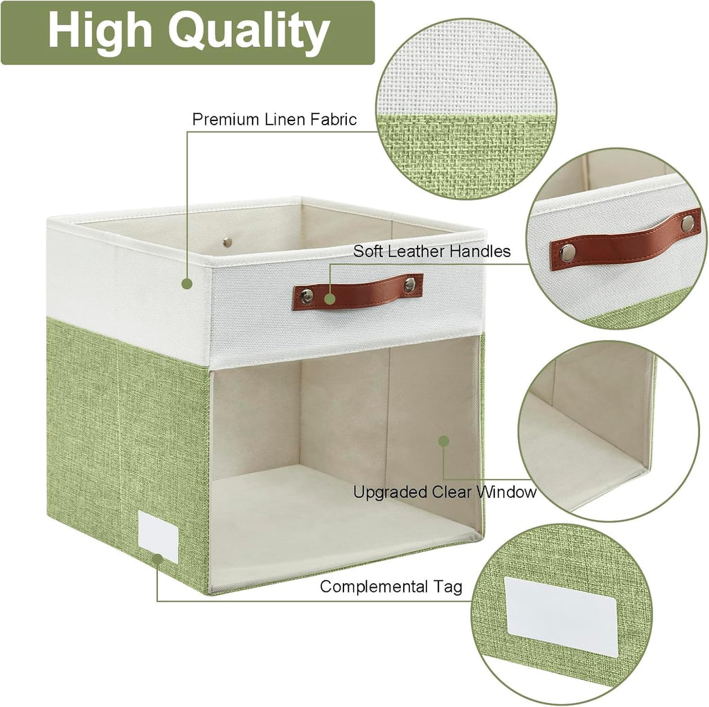 Bagnizer Storage Cubes, 4 Pack Linen Foldable Storage Bins with Clear Window and 2 Handles, 13x15x13 for Shelf Closet, Kallax, Clothes, Books - Green/Off-White