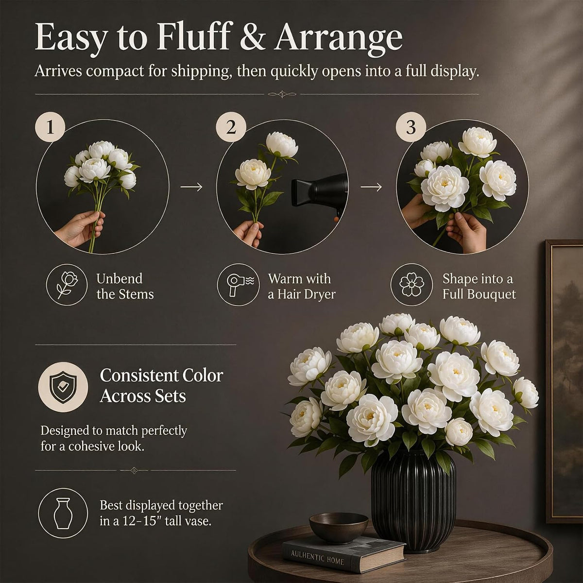 Artificial Flowers for Vase, 5 Stems Faux Peony Silk, 20 Blooms