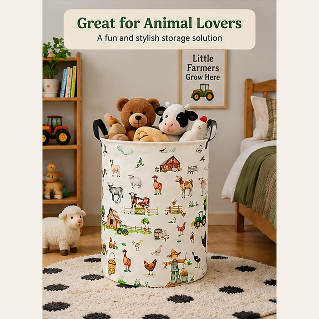 Farm Animal Laundry Hamper, Round Collapsible Laundry Basket with Handles, Cotton Linen Storage Bin for Clothes, Blankets, Toys, Bedroom, Dorm Room and Farmhouse Decor
