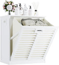HITNET Tilt Out Laundry Hamper Cabinet, Bathroom Laundry Cabinet with 20 Gallon Clothes Basket, Space Saving Freestanding Bamboo Storage Organizer for Towels and Toys, White