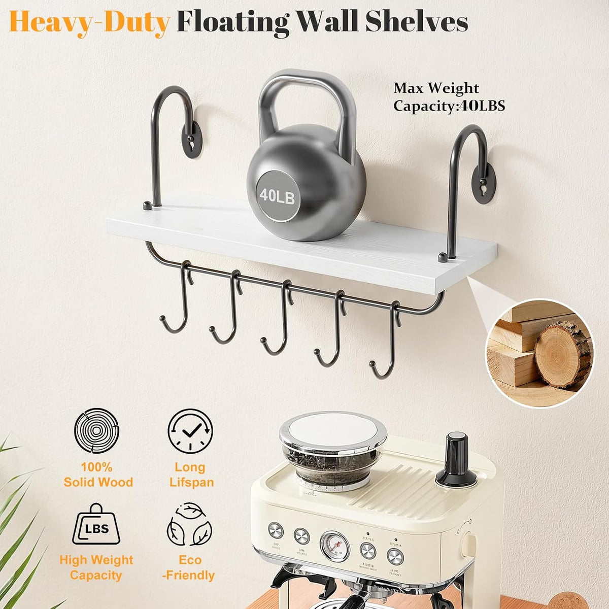 Olakee Floating Wall Shelves for Kitchen Bathroom Coffee Nook with 10 Adjustable Hooks for Mugs Cooking Utensils or Towel Rustic Storage Shelves Set of 2/17x5.9 inch (White)