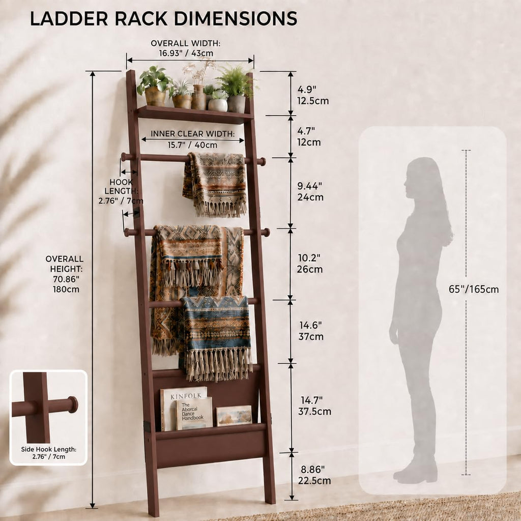 BAMBANG 71" 4-in-1 Blanket Ladder for Living Room, 5-Tier Leaning Bamboo Decorative Towel & Quilt Rack with Magazine Leather Pocket, 4 Detachable Hanging Bars, Space-Saving Shelf for Bedroom (Brown)