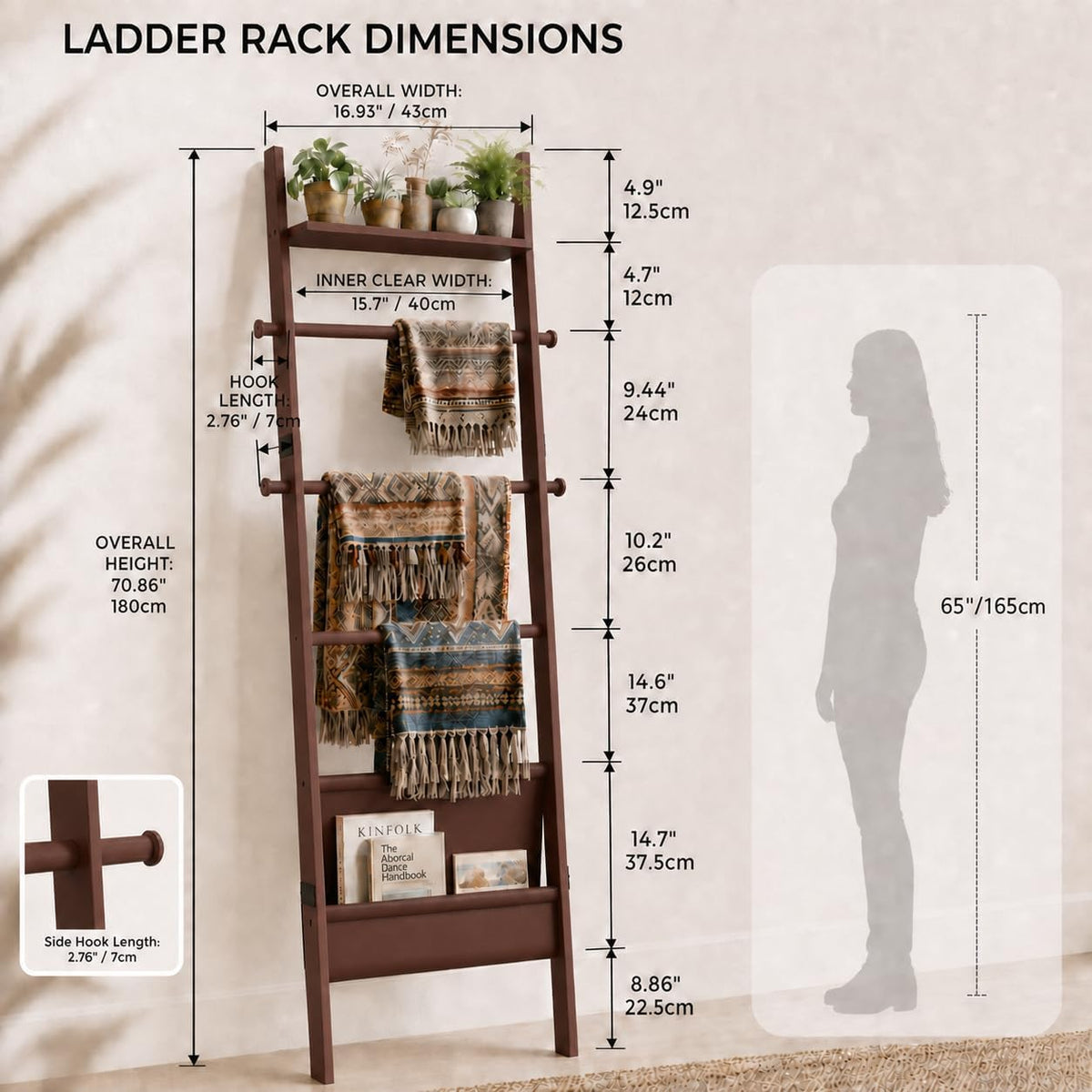 BAMBANG 71" 4-in-1 Blanket Ladder for Living Room, 5-Tier Leaning Bamboo Decorative Towel & Quilt Rack with Magazine Leather Pocket, 4 Detachable Hanging Bars, Space-Saving Shelf for Bedroom (Brown)