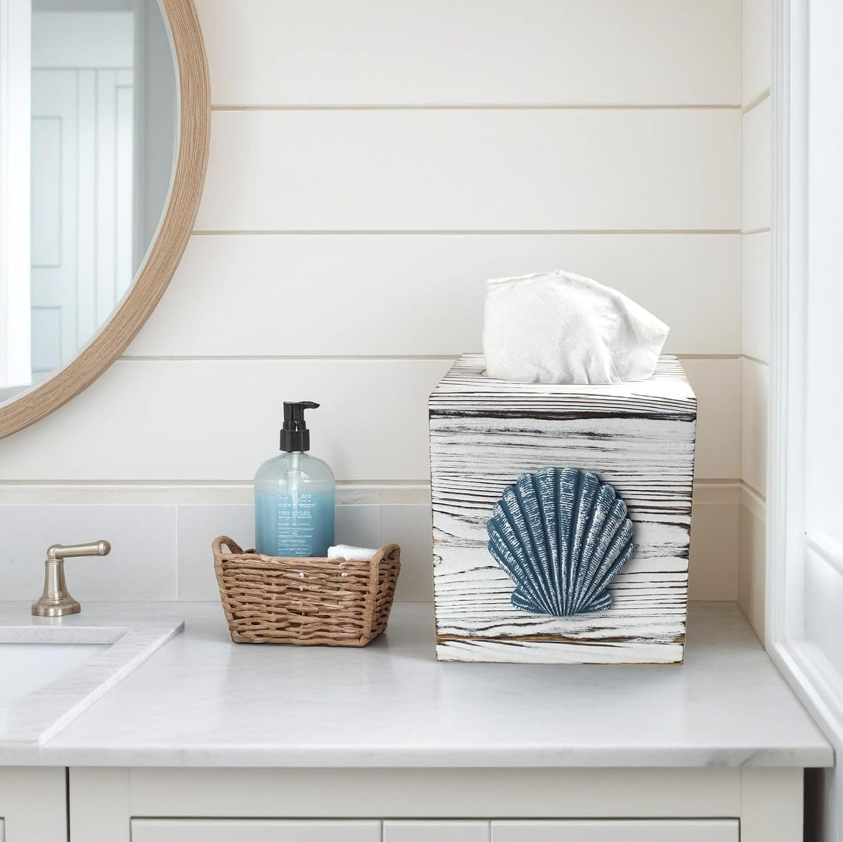 Coastal Tissue Box Cover Wooden Retro with Sliding Bottom Panel Beach Decor for Bathroom Bedroom Living Room,Seashell Decor Suitable for Coastal Gifts Beach House Gifts