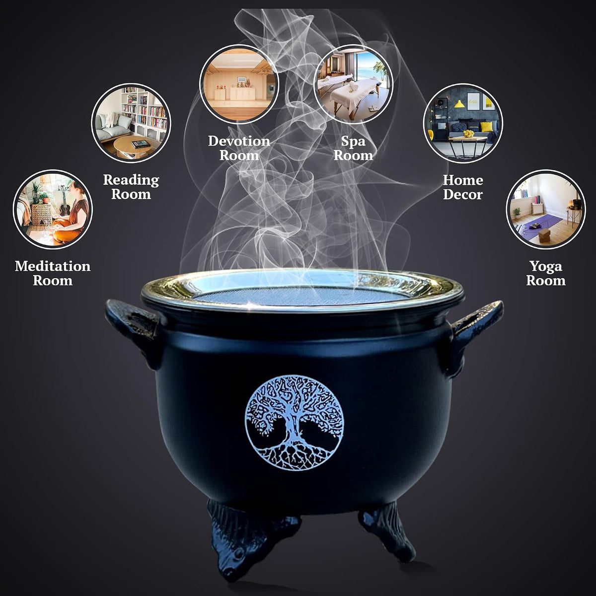 Large Metal Charcoal Incense Burner – Tree of Life Design – Round Incense Holder for Charcoal, Resin, Herbs & Loose Incense