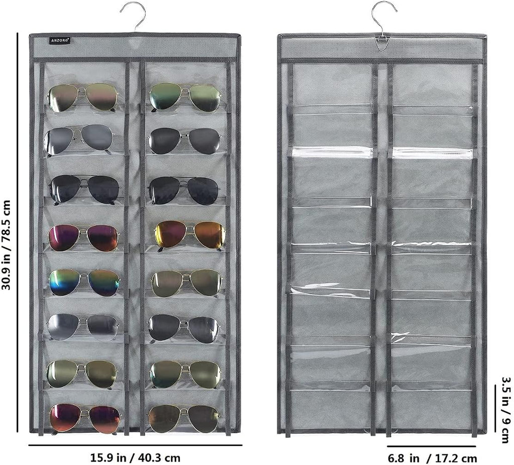 Dual Sided Hanging Sunglasses Organizer Wall Eyeglass Holder Sunglass Rack for Home with 32 Dust Proof Pockets (32 Pockets-Grey)