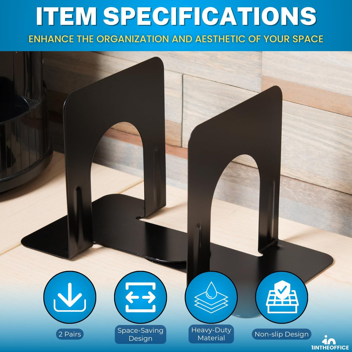 1InTheOffice Bookends for Shelves, Metal Bookends, 5 1/4" x 4 3/4" x 5", Non-Slip, Black, 4 Pack