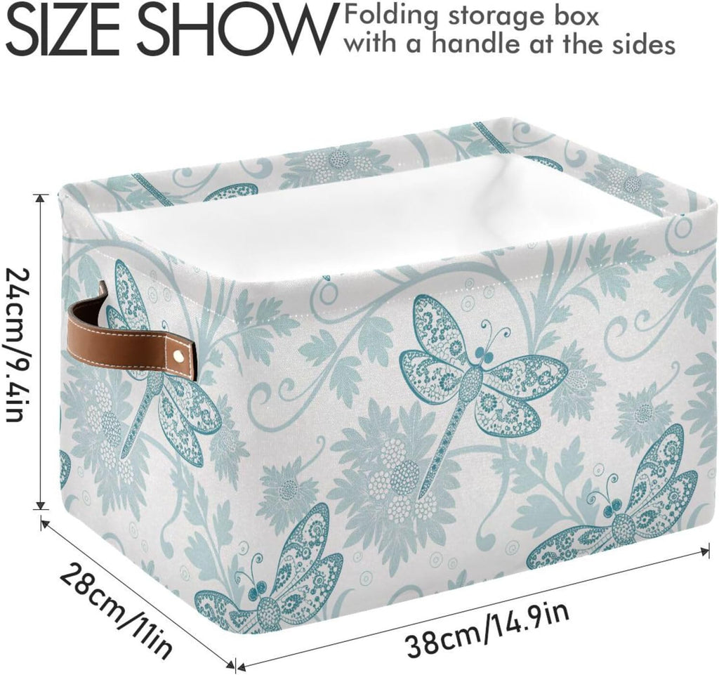 Foldable Storage Baskets Set of 2, Parsley Dragonfly Storage Bins with Handles, Decorative Cloth Organizer Storage Boxes for Home|Office 15 x 11 x 9.5 in