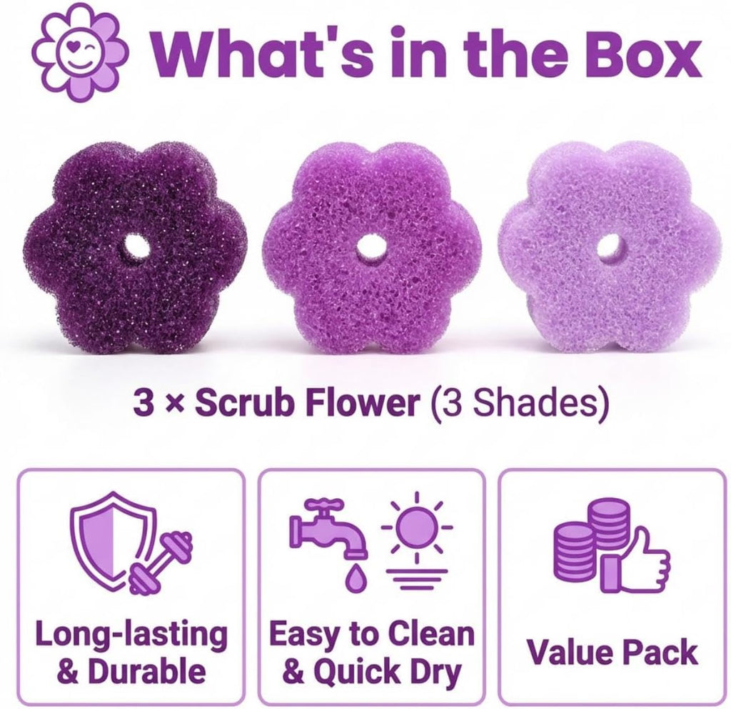 Scrub Flower Sponges, Temperature Sensitive, Non-Scratch, 3 Count