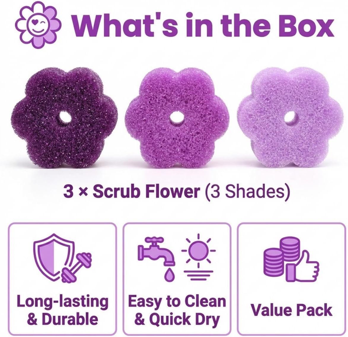 Scrub Flower Sponges, Temperature Sensitive, Non-Scratch, 3 Count