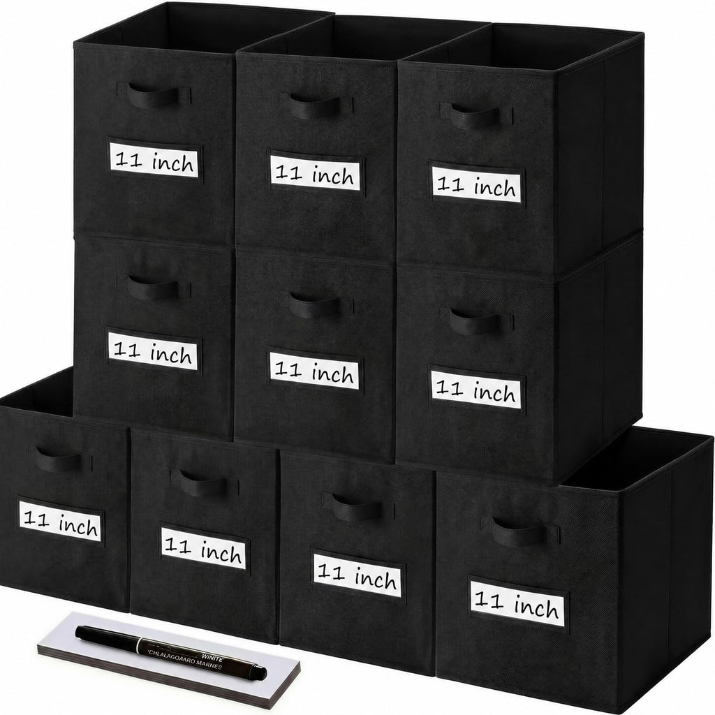 Storage Bins,11" Cube Storage Bin with Labels,10pcs,Black