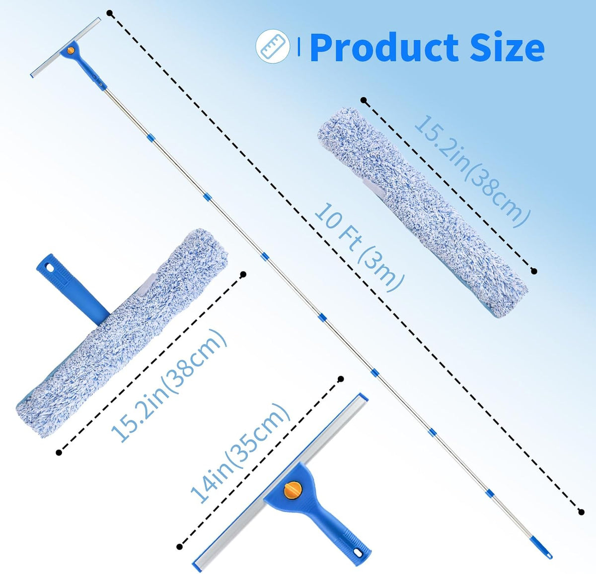 10Ft Window Squeegee with Long Handle, Window Washer for High Windows Glass