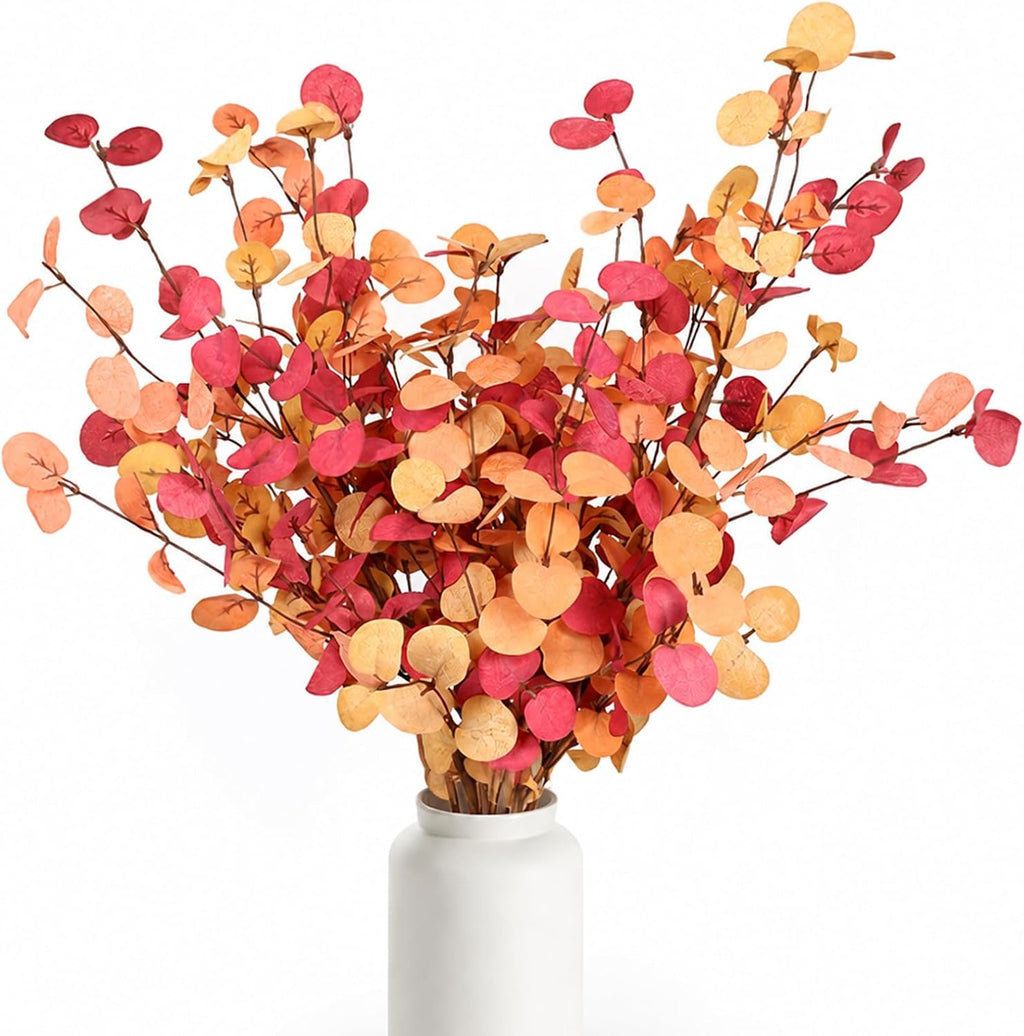 6pcs Eucalyptus Stems Fake Orange Red Autumn Leaves Artificial Silk Flowers Fall Decor Bouquet Faux Branches Centerpiece Flores Plants for Home Party Decor Wedding Decoration