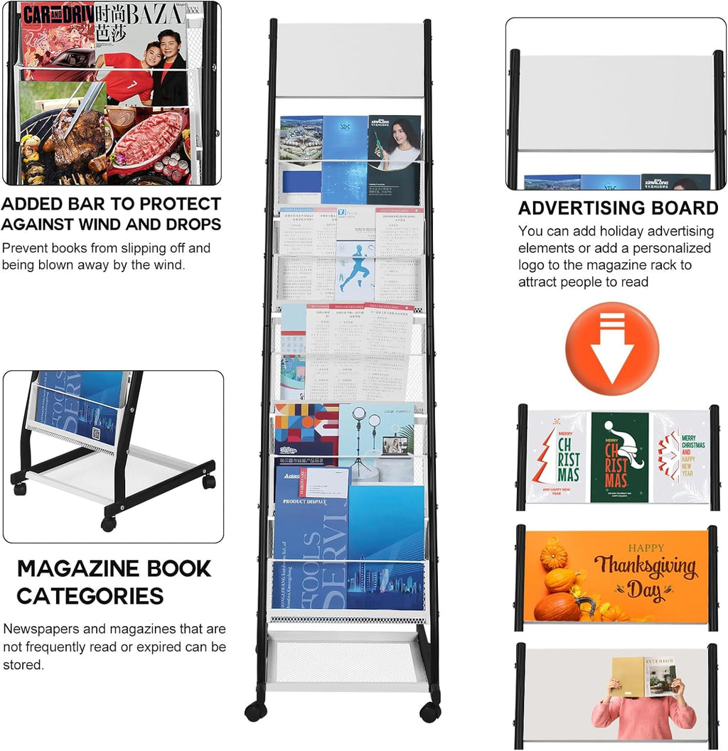 LIWSHWZ Brochure Display Stand | 5 Layers Foor Magazine Rack with 4 Universal Wheels,Metal Newspaper Catalog Holders for Shop, Exhibitions, Office, Trade Show