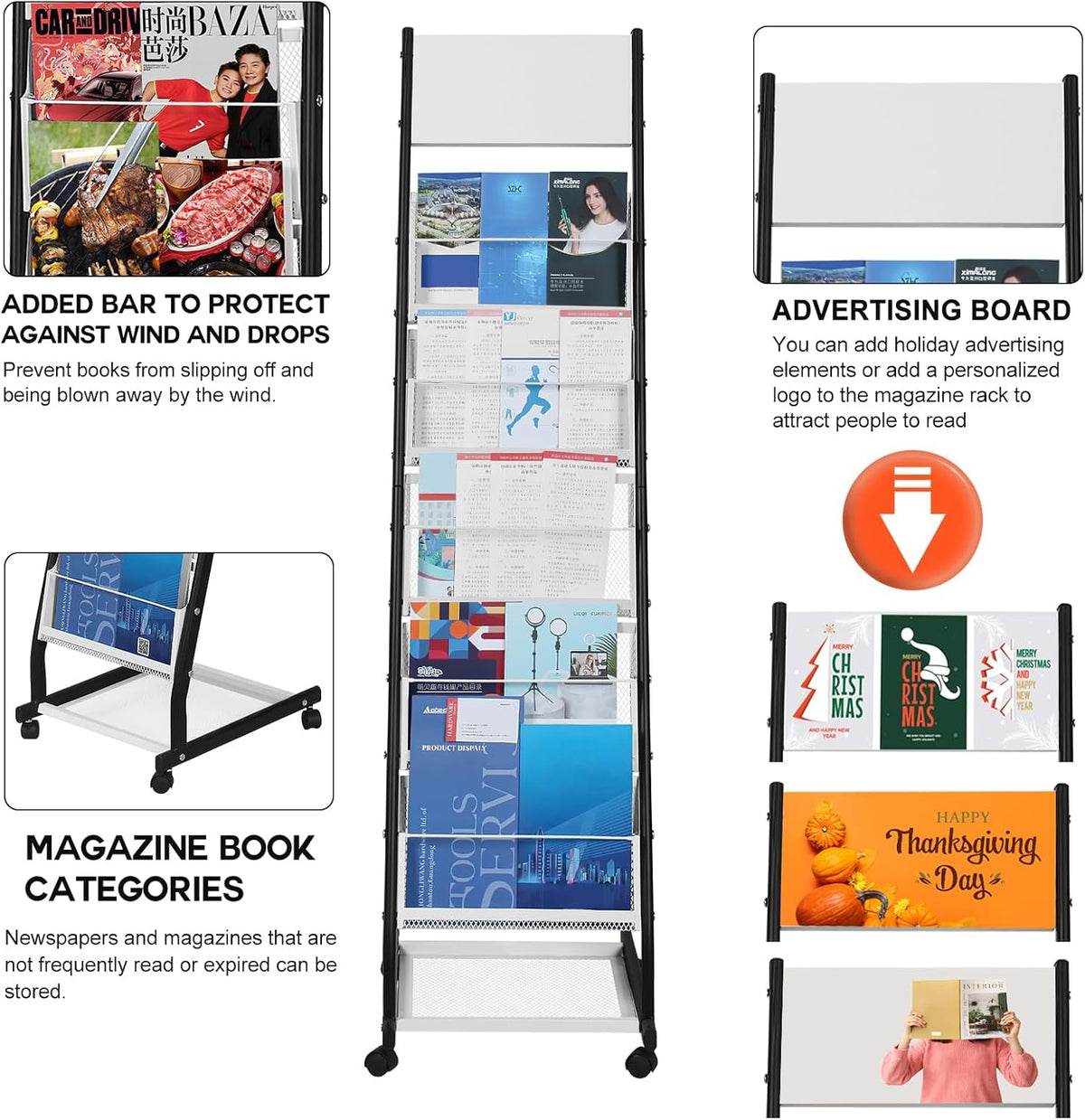 LIWSHWZ Brochure Display Stand | 5 Layers Foor Magazine Rack with 4 Universal Wheels,Metal Newspaper Catalog Holders for Shop, Exhibitions, Office, Trade Show