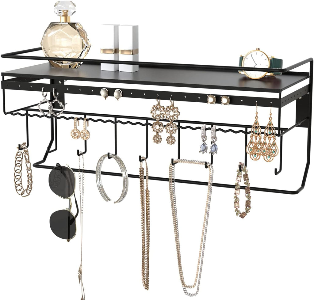 JackCubeDesign Gothic Wall Mounted Jewelry Organizer - Hanging Necklace, Earring, Bracelet Holder with Hooks and Shelf - Goth Room Decor, Iron Jewelry Display Storage Rack for Bedroom & Closet-MK238A