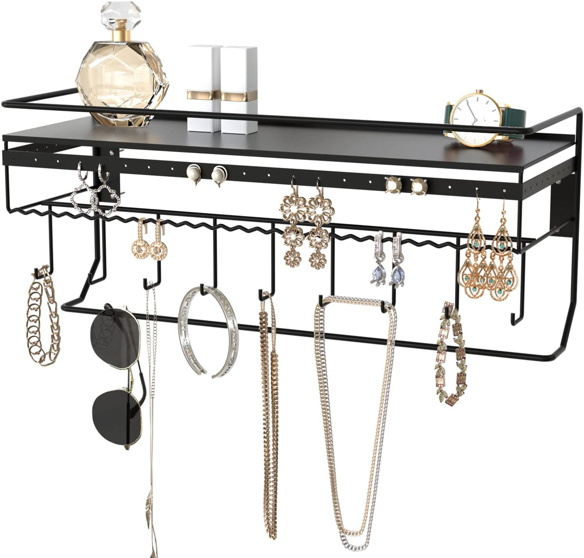 JackCubeDesign Gothic Wall Mounted Jewelry Organizer - Hanging Necklace, Earring, Bracelet Holder with Hooks and Shelf - Goth Room Decor, Iron Jewelry Display Storage Rack for Bedroom & Closet-MK238A