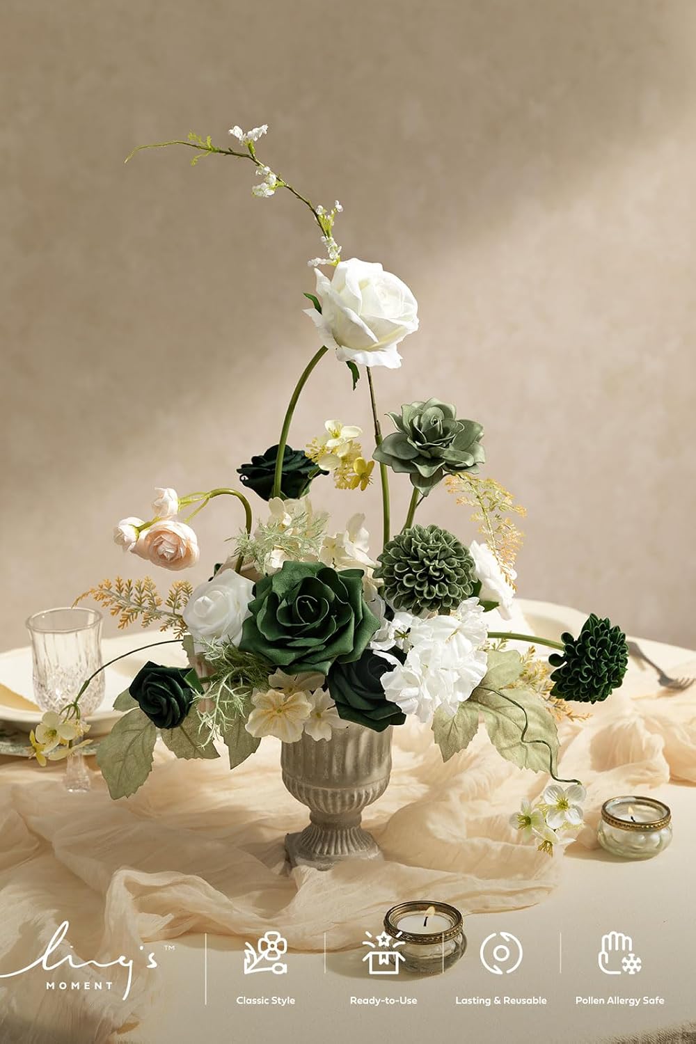 Ling's moment Artificial Wedding Flowers Combo, Emerald & Beige, Grand