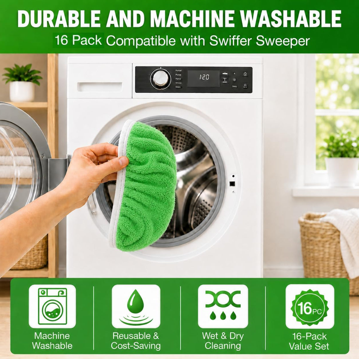 16 Pack Reusable Microfiber Mop Pads Compatible with Swiffer Sweeper, Washable Wet & Dry Mopping Pad Refills for Hardwood, Pet Hair, Laminate, Marble, Multi-Surface Floor Cleaning