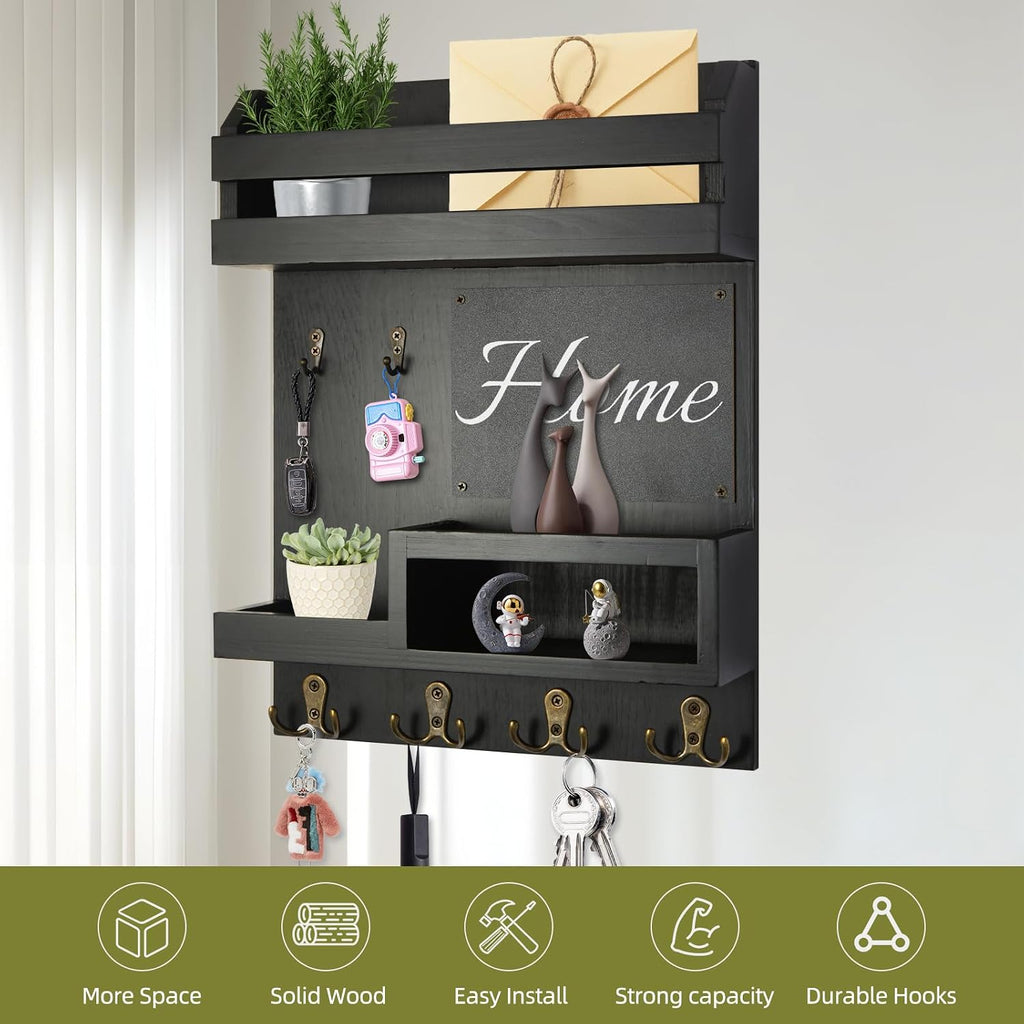 Large Key and Mail Holder Wall Mount, 12.5x16.5 Inch Solid Wood Key Racks for Entryway, Front Door, Hallway, Wall Organizer (Matte Black)