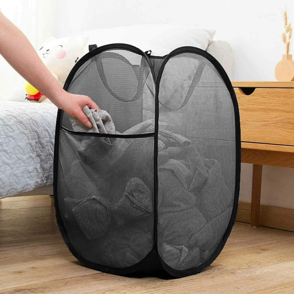 Pop Up Laundry Hampers, Collapsible Mesh Laundry Baskets for Home, Dorm, Travel, Portable Clothes Hampers, Pack of 2 (Black + Grey)