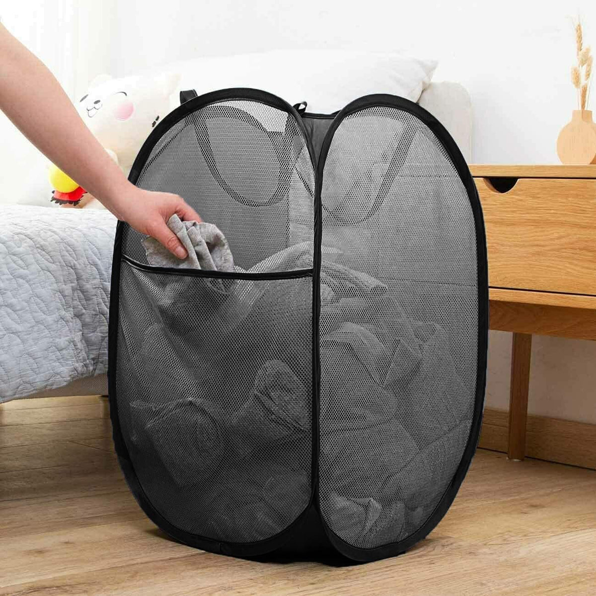 Pop Up Laundry Hampers, Collapsible Mesh Laundry Baskets for Home, Dorm, Travel, Portable Clothes Hampers, Pack of 2 (Black + Grey)