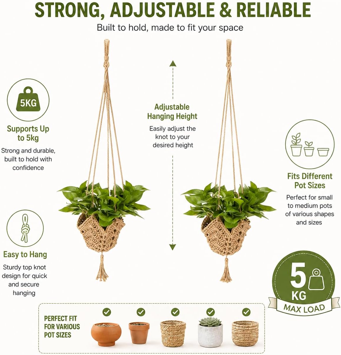 RAINFLOW Indoor Macrame Plant Hangers 2 Pack, Jute Plant Holders