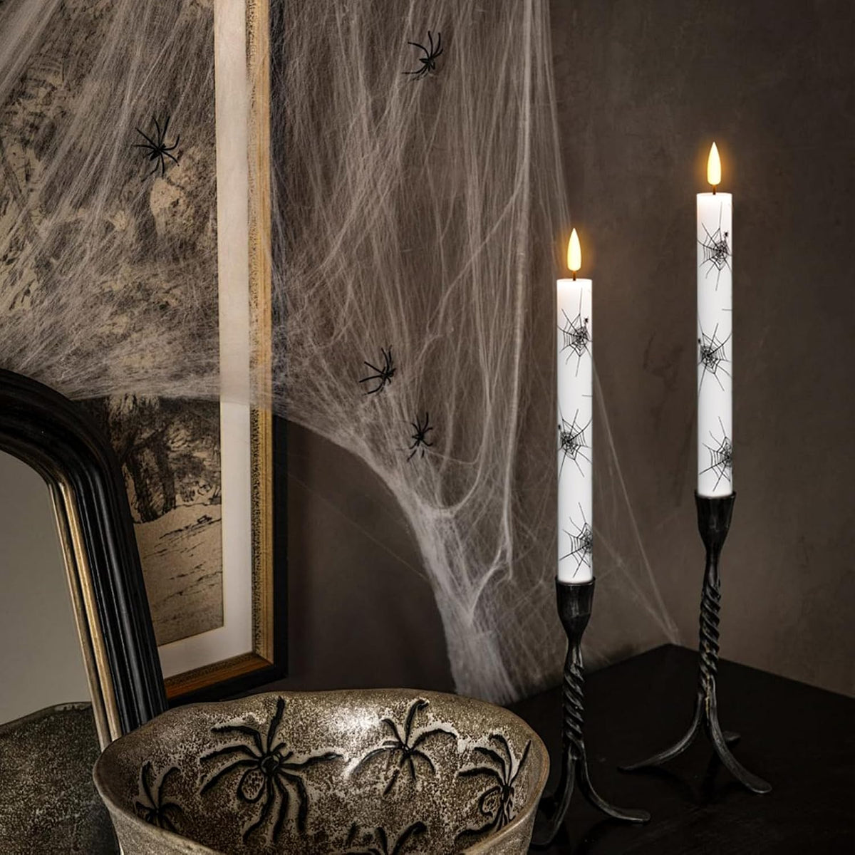 GenSwin Real Wax Flameless Taper Candles, 4 Pack Halloween LED Taper Candles Battery Operated with Remote Timer, Flameless Candlesticks with Spider Web Prints for Halloween Decoration (0.75” x 9.65”)