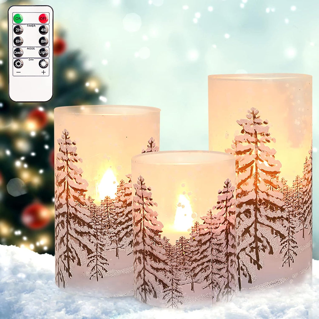Christmas Tree Flameless Candles with Remote Control & Timer Function, Real Wax Glass Candles, Home Party Wedding Holiday Xmas Decor, Set of 3