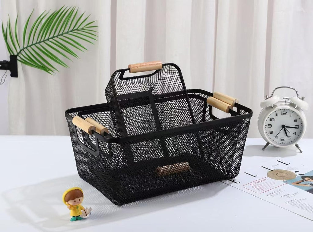 AJIODA Metal Mesh Steel Basket, Medium Wire Storage Organizer Basket Multi-function Hanging Kitchen Basket with Wood Handle for Kitchen Bathroom Picnic Home, Rectangle-Black