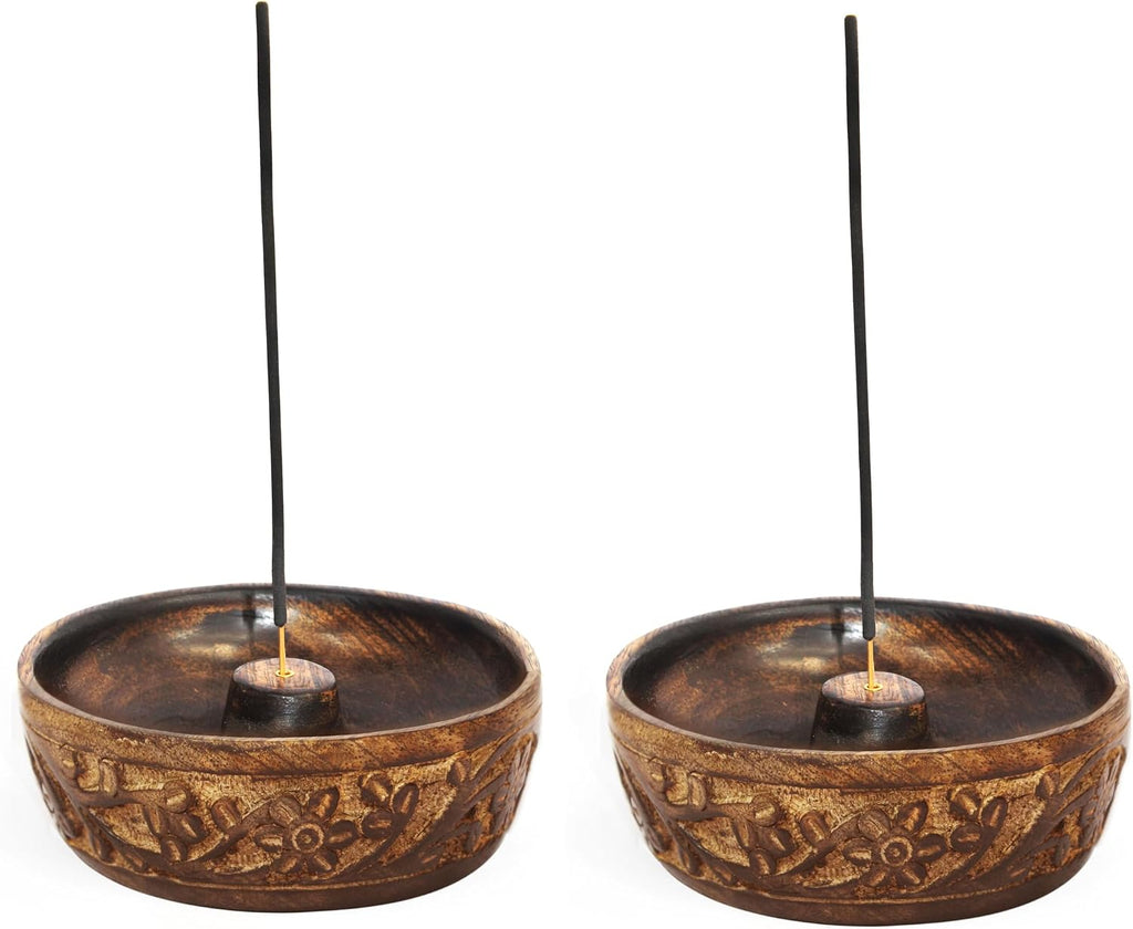 COTTON CRAFT Hand Carved Wood Incense Burner Holder - 2 Pack - Natural