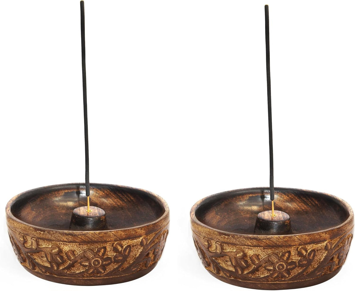 COTTON CRAFT Hand Carved Wood Incense Burner Holder - 2 Pack - Natural