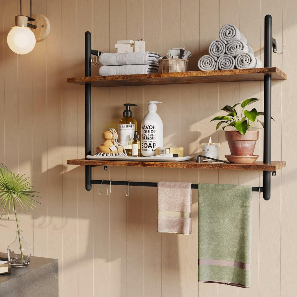 Bestier 31" Industrial Pipe Wall Shelf with Towel Bar, Rustic Brown