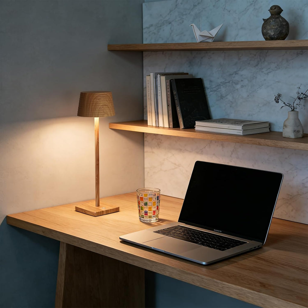 Cordless Rechargeable LED Table Lamp Set of 2, Wood Grain